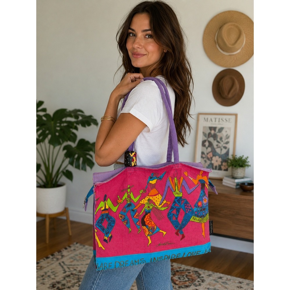 Laurel Burch Tote Colorful Dancing Figures Canvas Folk Art Boho Purse Zipper Bag